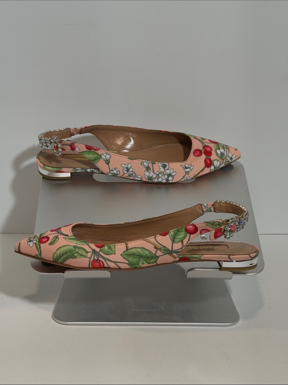 Aquazzura Vero Cuoio Cherry Print Crystal Slingback Ballerina Flats - Picture 3 of 6